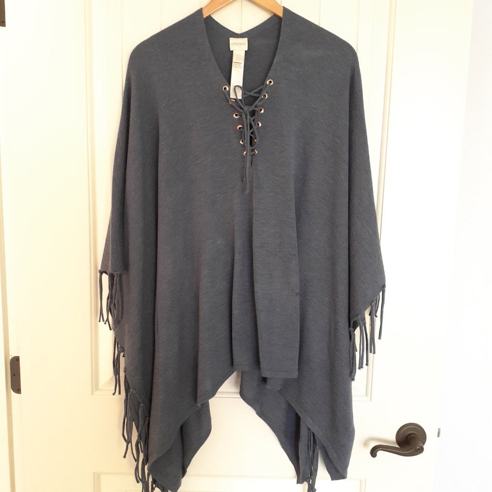 Chico's Lace-Up Fringe Poncho in Navy Blue One Size